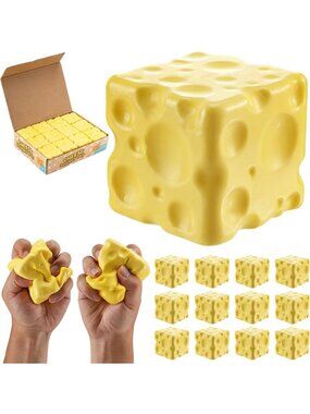 12 Pack Yellow Cheese Squeeze Toys - Squishy Stress Relief Fidget Cubes for